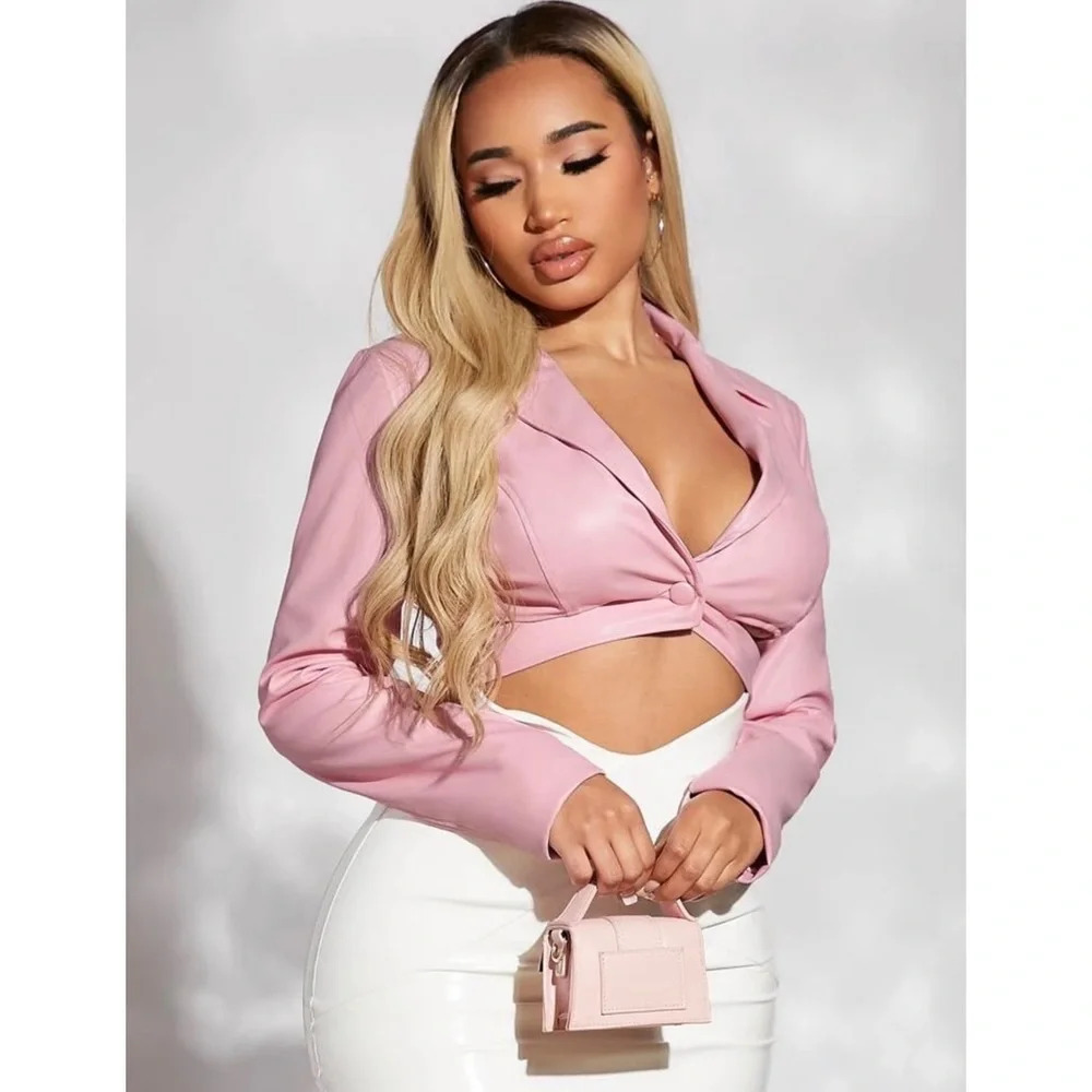 Sexy Faux Leather Baby Pink Single Button Crop Jacket
